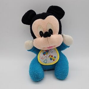 Vtg Disney Baby Mickey Mouse Rattle Plush 8" Blue Pants Bib Arcotoys Stuffed Toy